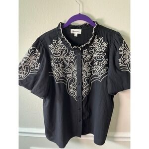 &merci Womens Black White Embroidered Ruffle Neck Puff Sleeve Blouse Size L